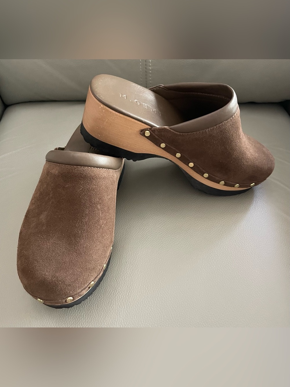 M.Gemi The Greta Chocolate Brown Suede Studded Wood Platform Clogs EU 36.5